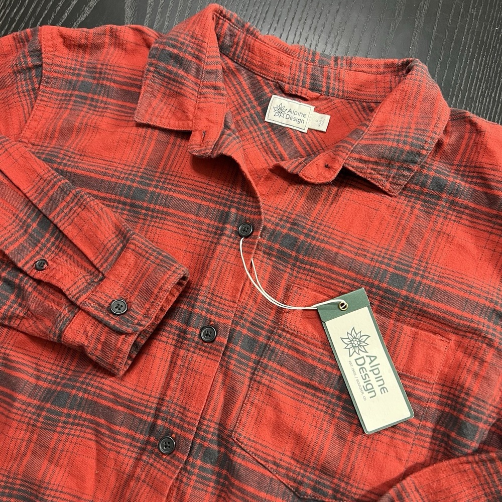 Alpine Design Womens Small Midweight Flannel Red Bison Plaid AD Hike Long Sleeve